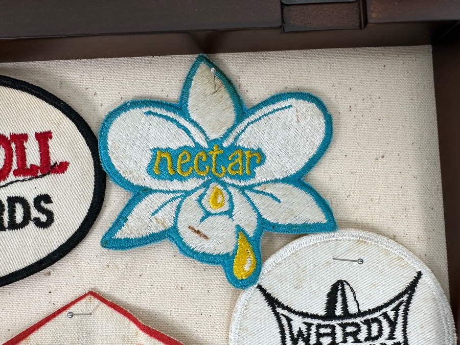 Collection Of Vintage Surf Patches: Greg Noll Surf Boards, Gordie Surf Boards, Surf Boards By Jacobs, Wardy Surfboards, Surfboards By Graham, Nectar In Pottery Barn Shadowbox Frame Plus Graphic Surf Book [Photo 8]