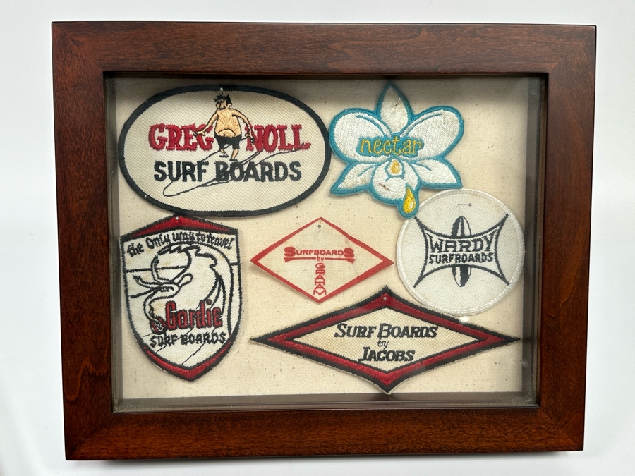 Collection Of Vintage Surf Patches: Greg Noll Surf Boards, Gordie Surf Boards, Surf Boards By Jacobs, Wardy Surfboards, Surfboards By Graham, Nectar In Pottery Barn Shadowbox Frame Plus Graphic Surf Book [Photo 21]