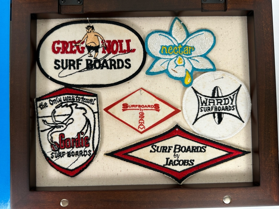 Collection Of Vintage Surf Patches: Greg Noll Surf Boards, Gordie Surf Boards, Surf Boards By Jacobs, Wardy Surfboards, Surfboards By Graham, Nectar In Pottery Barn Shadowbox Frame Plus Graphic Surf Book [Photo 6]