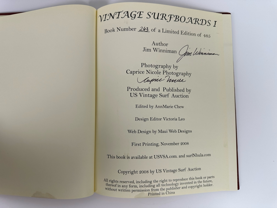 Autographed Limited Edition Hardcover Book Vintage Surfboards I Signed By Jim Winniman And Caprice Nicole First Printing Some Water Damage On Bottom Of Pages [Photo 4]