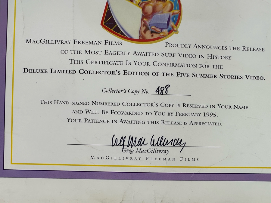 Autographed Limited Edition Deluxe Collector's Edition Of The Five Summer Stories VHS Video Numbered 488 Signed By Greg MacGillivray [Photo 7]
