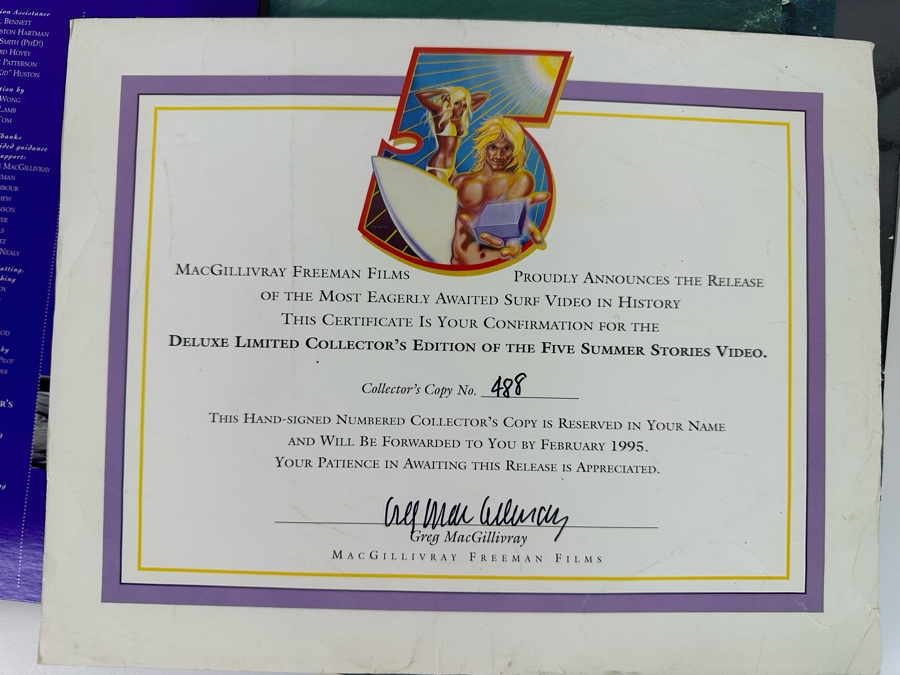 Autographed Limited Edition Deluxe Collector's Edition Of The Five Summer Stories VHS Video Numbered 488 Signed By Greg MacGillivray [Photo 2]