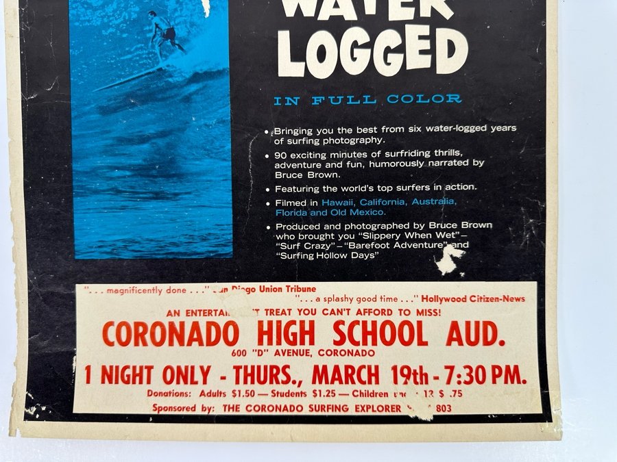 Vintage Surf Movie Poster Water Logged By Bruce Brown Films At The Coronado High School Auditorium 11 X 14 [Photo 5]