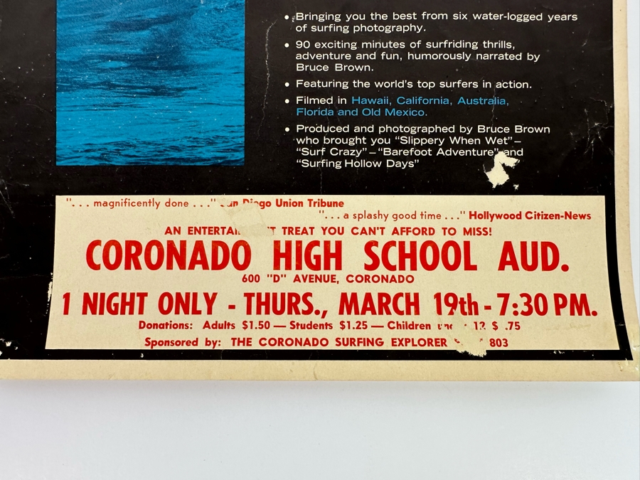 Vintage Surf Movie Poster Water Logged By Bruce Brown Films At The Coronado High School Auditorium 11 X 14 [Photo 9]