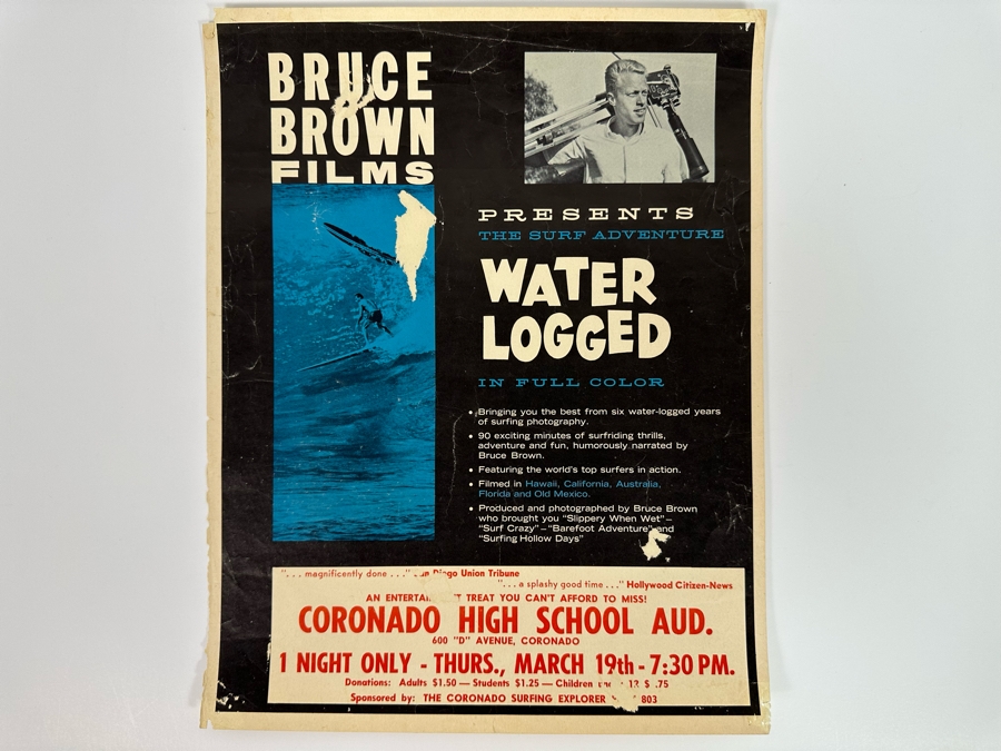 Vintage Surf Movie Poster Water Logged By Bruce Brown Films At The Coronado High School Auditorium 11 X 14 [Photo 3]