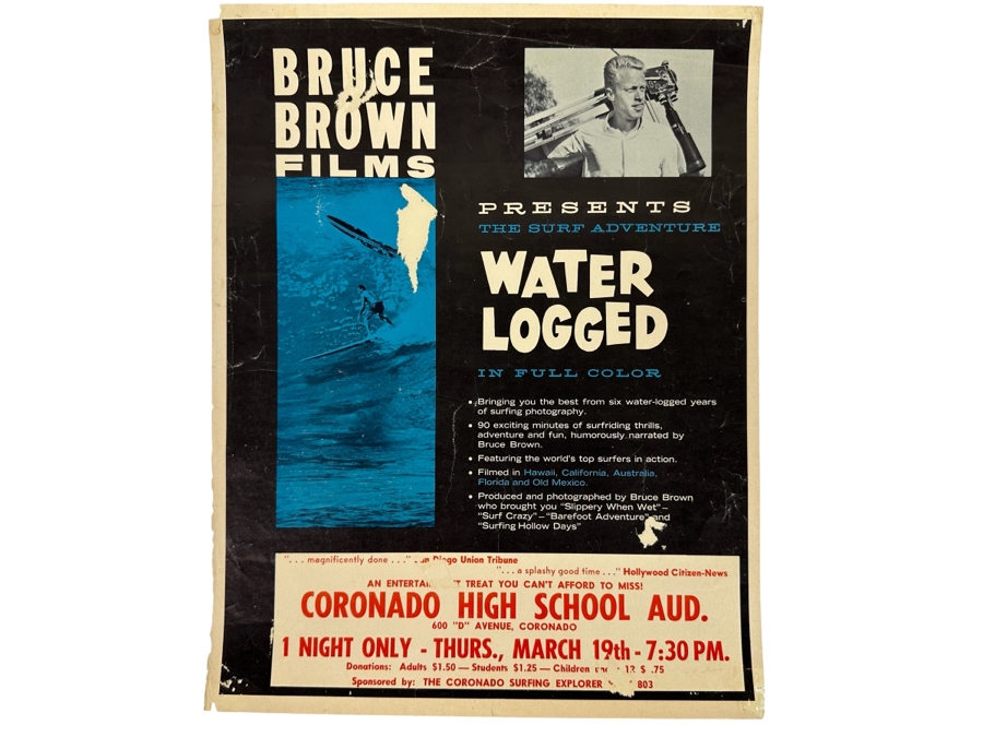 Vintage Surf Movie Poster Water Logged By Bruce Brown Films At The Coronado High School Auditorium 11 X 14 [Photo 1]