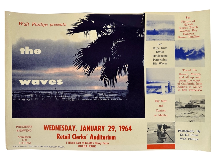 Vintage Surf Movie Poster The Waves By Walt Phillips 1964 14.5 X 10 [Photo 1]