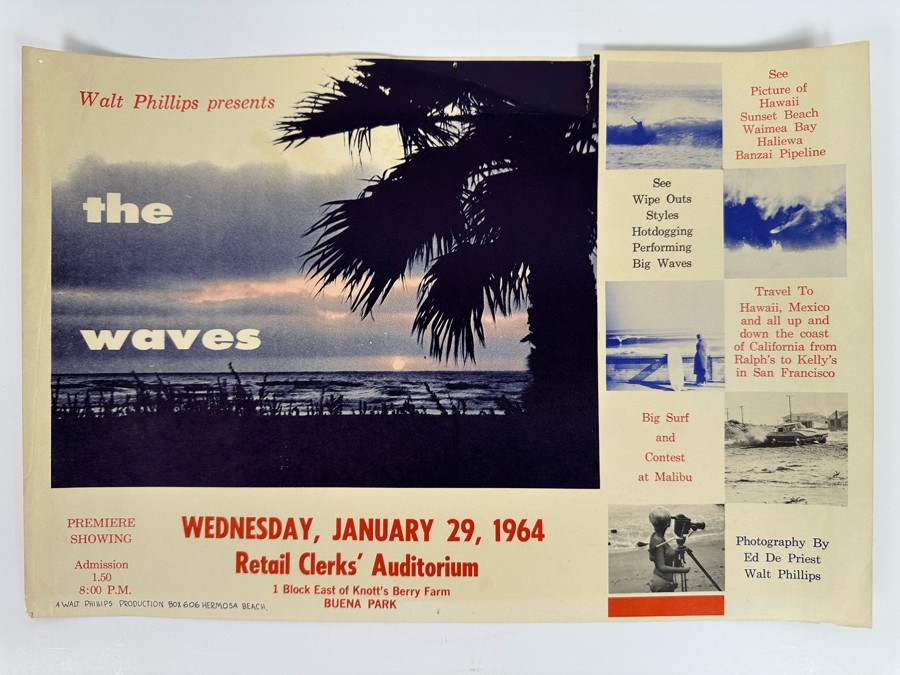 Vintage Surf Movie Poster The Waves By Walt Phillips 1964 14.5 X 10 [Photo 3]