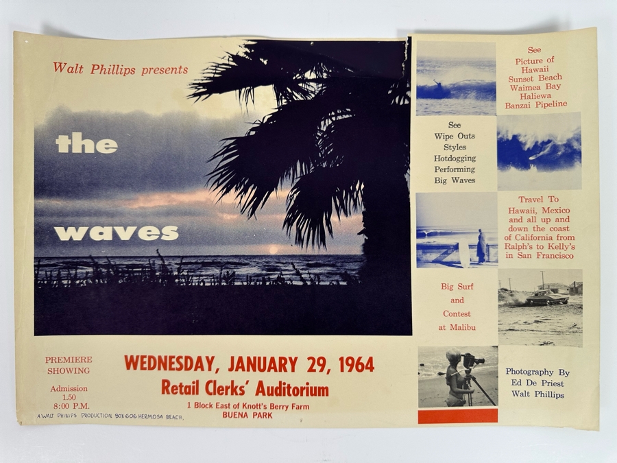 Vintage Surf Movie Poster The Waves By Walt Phillips 1964 14.5 X 10 [Photo 2]