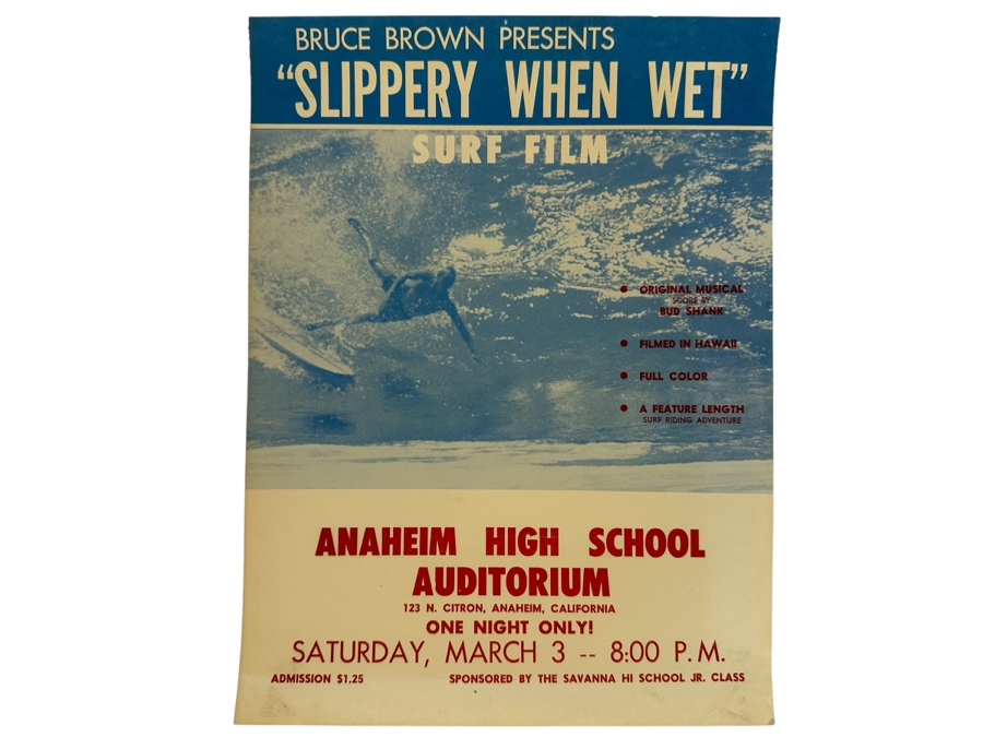 Vintage Surf Movie Poster Slippery When Wet By Bruce Brown At Anaheim High School Auditorium 9.5 X 12.5 [Photo 1]