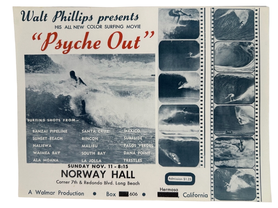 Vintage Surf Movie Poster Psyche Out By Walt Phillips 12.5 X 9.5