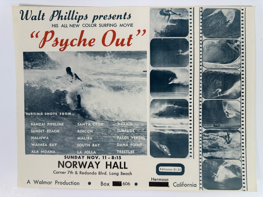 Vintage Surf Movie Poster Psyche Out By Walt Phillips 12.5 X 9.5 [Photo 2]