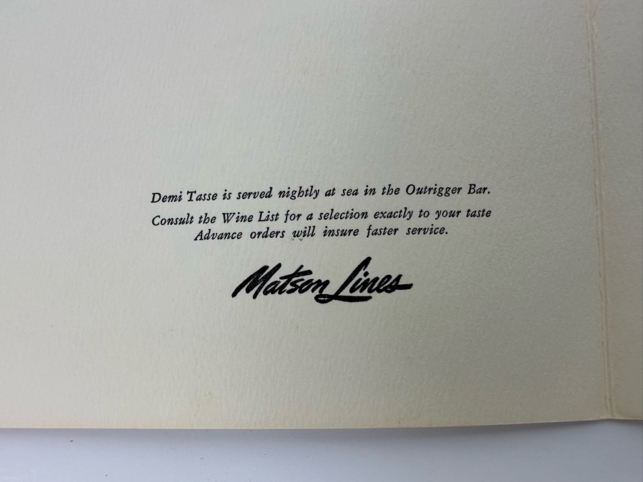 Vintage 1965 Hawaiian Matson Lines Menu Dinner Aboard S.S. Mariposa 9 X 12 [Photo 4]