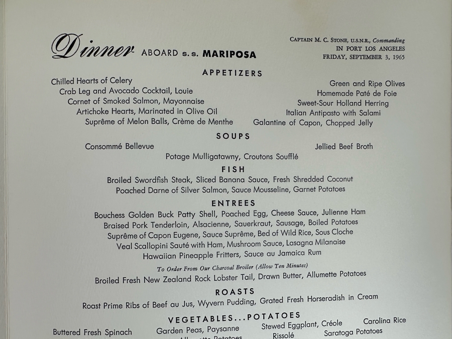Vintage 1965 Hawaiian Matson Lines Menu Dinner Aboard S.S. Mariposa 9 X 12 [Photo 5]