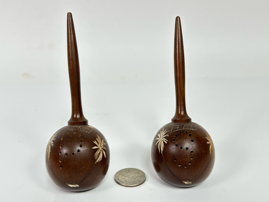 Vintage Wooden Maraca Havana Cuba Salt & Pepper Shakers 4.5H [Photo 2]