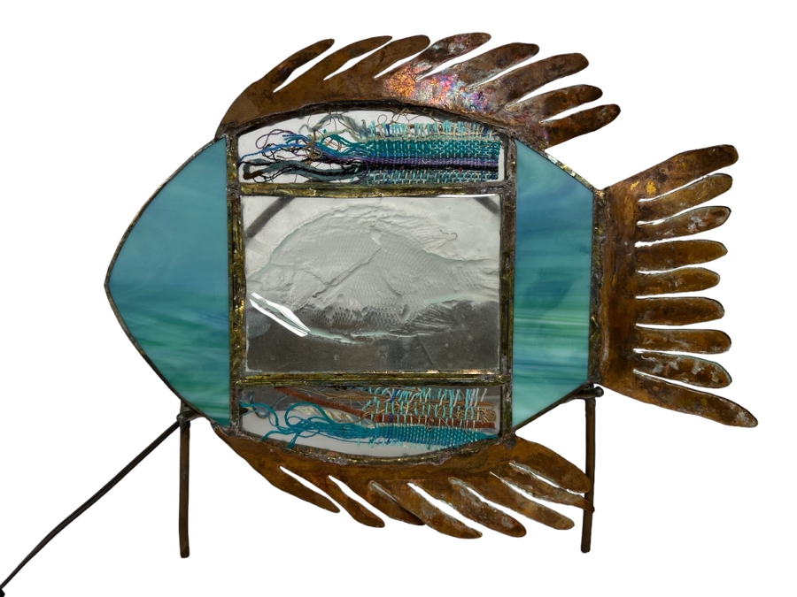 Cindy Hirt Original Custom Designer Metal And Art Glass Fish Sculpture With Lighted Stand Beach Decor 17W X 8D X 13.5H [Photo 2]
