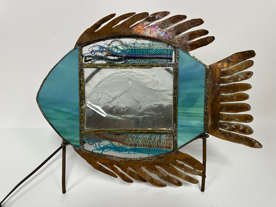 Cindy Hirt Original Custom Designer Metal And Art Glass Fish Sculpture With Lighted Stand Beach Decor 17W X 8D X 13.5H [Photo 5]