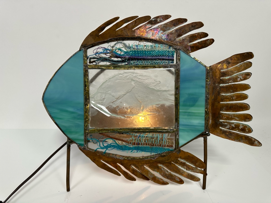 Cindy Hirt Original Custom Designer Metal And Art Glass Fish Sculpture With Lighted Stand Beach Decor 17W X 8D X 13.5H [Photo 3]