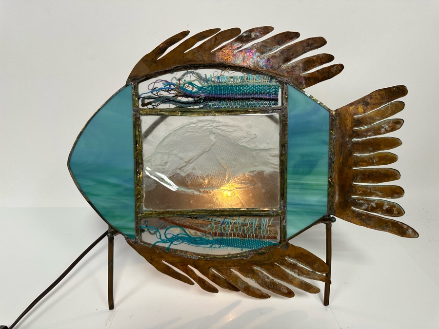 Cindy Hirt Original Custom Designer Metal And Art Glass Fish Sculpture With Lighted Stand Beach Decor 17W X 8D X 13.5H [Photo 4]