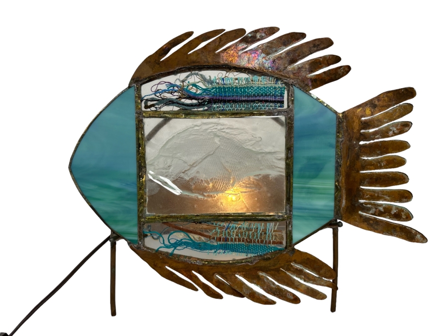 Cindy Hirt Original Custom Designer Metal And Art Glass Fish Sculpture With Lighted Stand Beach Decor 17W X 8D X 13.5H [Photo 1]