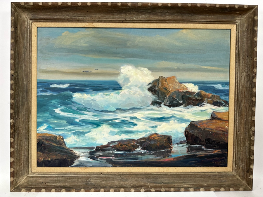 Ray Swaney Original Ocean Waves Crashing On Rocks Oil Painting On Canvas Vintage 1963 33 X 24 Framed 39 X 30 [Photo 2]