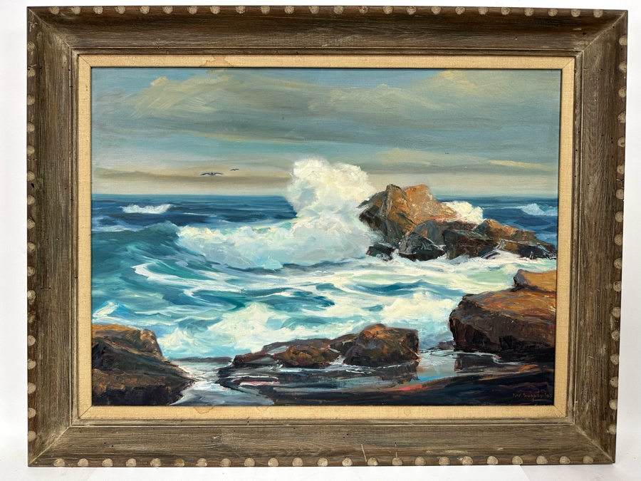 Ray Swaney Original Ocean Waves Crashing On Rocks Oil Painting On Canvas Vintage 1963 33 X 24 Framed 39 X 30 [Photo 3]