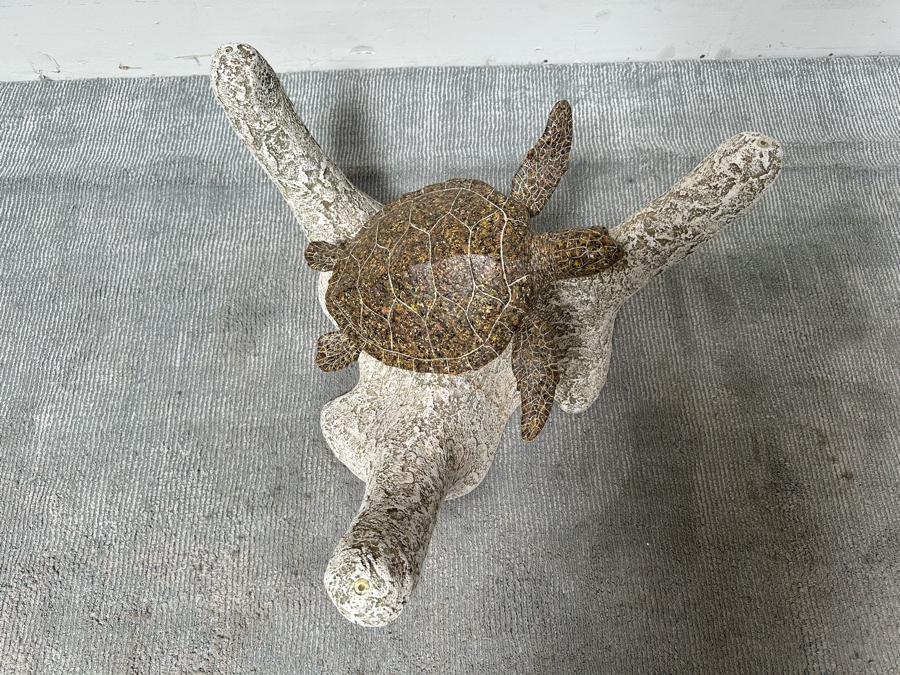 Stunning Signed John Didier Small Green Sea Turtle With Etched Rippled Glass Around Fins Coffee Table 46W X 46D X 15H Retails $2,150 [Photo 18]