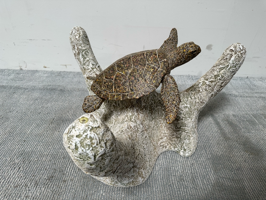 Stunning Signed John Didier Small Green Sea Turtle With Etched Rippled Glass Around Fins Coffee Table 46W X 46D X 15H Retails $2,150 [Photo 6]