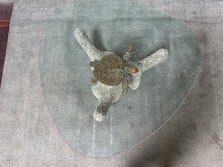 Stunning Signed John Didier Small Green Sea Turtle With Etched Rippled Glass Around Fins Coffee Table 46W X 46D X 15H Retails $2,150 [Photo 14]