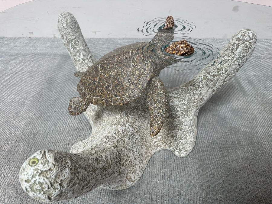 Stunning Signed John Didier Small Green Sea Turtle With Etched Rippled Glass Around Fins Coffee Table 46W X 46D X 15H Retails $2,150 [Photo 8]