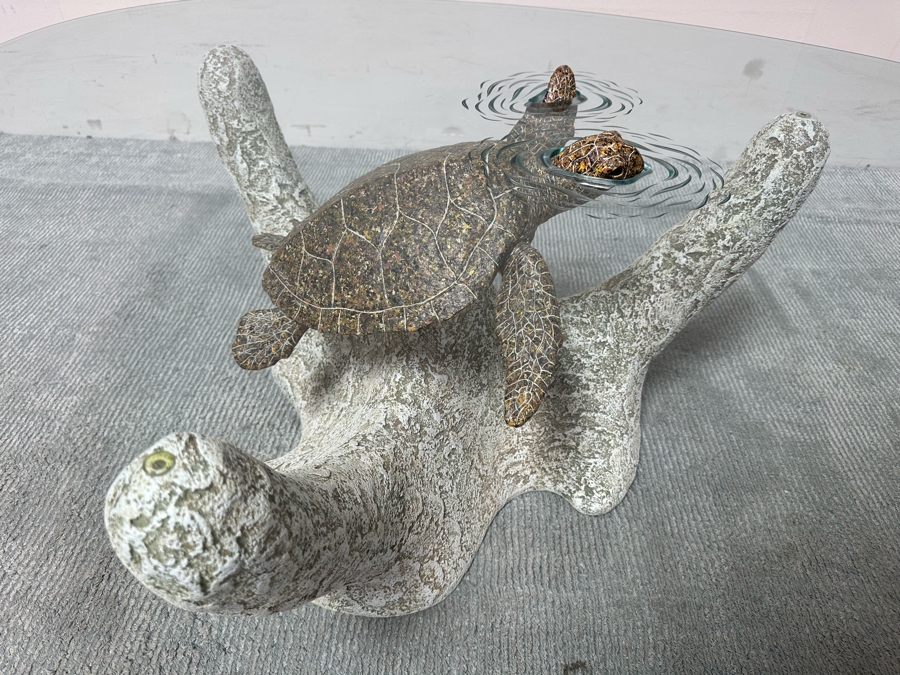 Stunning Signed John Didier Small Green Sea Turtle With Etched Rippled Glass Around Fins Coffee Table 46W X 46D X 15H Retails $2,150 [Photo 7]