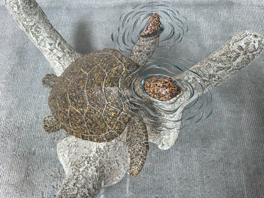 Stunning Signed John Didier Small Green Sea Turtle With Etched Rippled Glass Around Fins Coffee Table 46W X 46D X 15H Retails $2,150 [Photo 12]