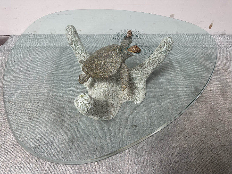 Stunning Signed John Didier Small Green Sea Turtle With Etched Rippled Glass Around Fins Coffee Table 46W X 46D X 15H Retails $2,150 [Photo 15]