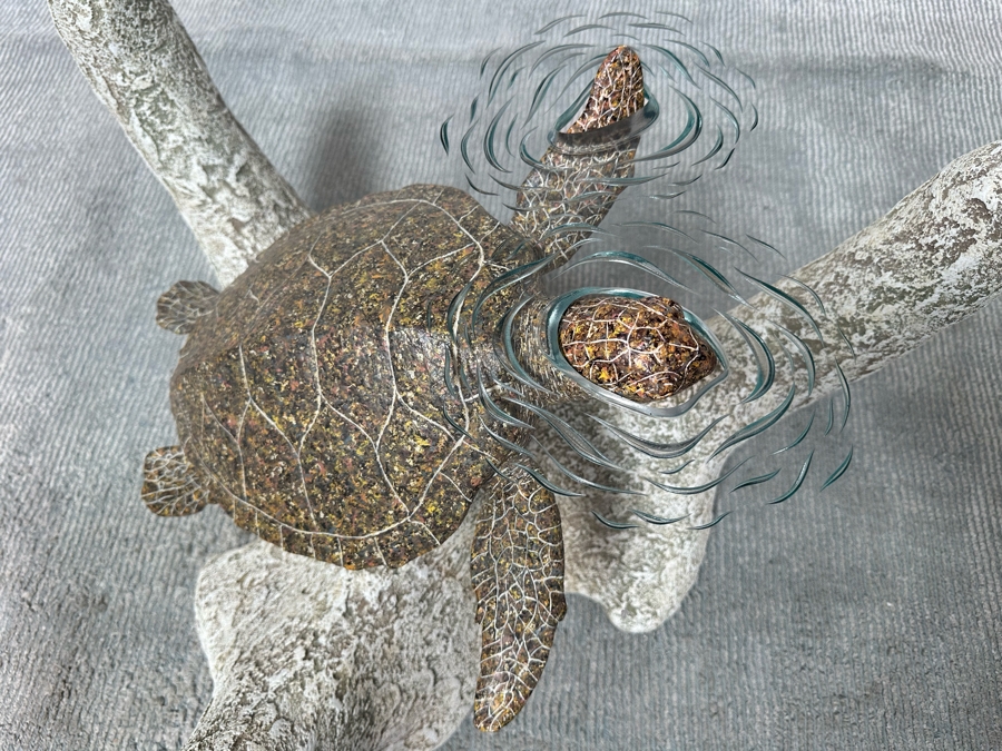Stunning Signed John Didier Small Green Sea Turtle With Etched Rippled Glass Around Fins Coffee Table 46W X 46D X 15H Retails $2,150 [Photo 11]