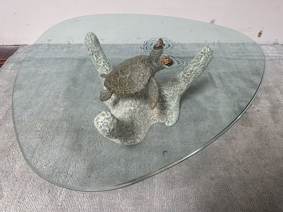 Stunning Signed John Didier Small Green Sea Turtle With Etched Rippled Glass Around Fins Coffee Table 46W X 46D X 15H Retails $2,150