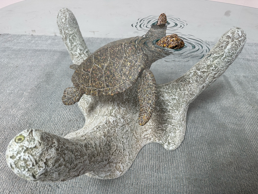 Stunning Signed John Didier Small Green Sea Turtle With Etched Rippled Glass Around Fins Coffee Table 46W X 46D X 15H Retails $2,150 [Photo 2]