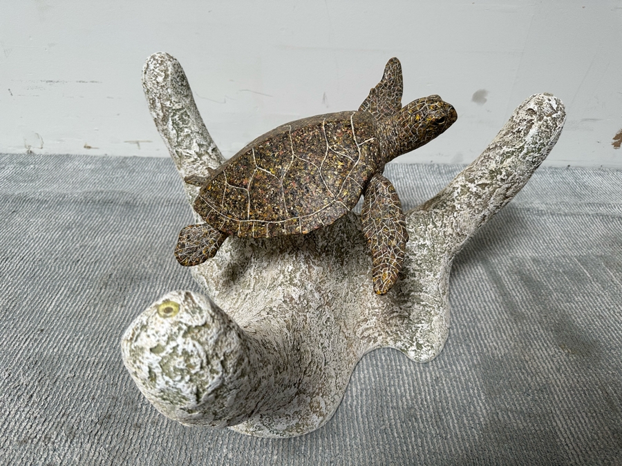 Stunning Signed John Didier Small Green Sea Turtle With Etched Rippled Glass Around Fins Coffee Table 46W X 46D X 15H Retails $2,150 [Photo 17]