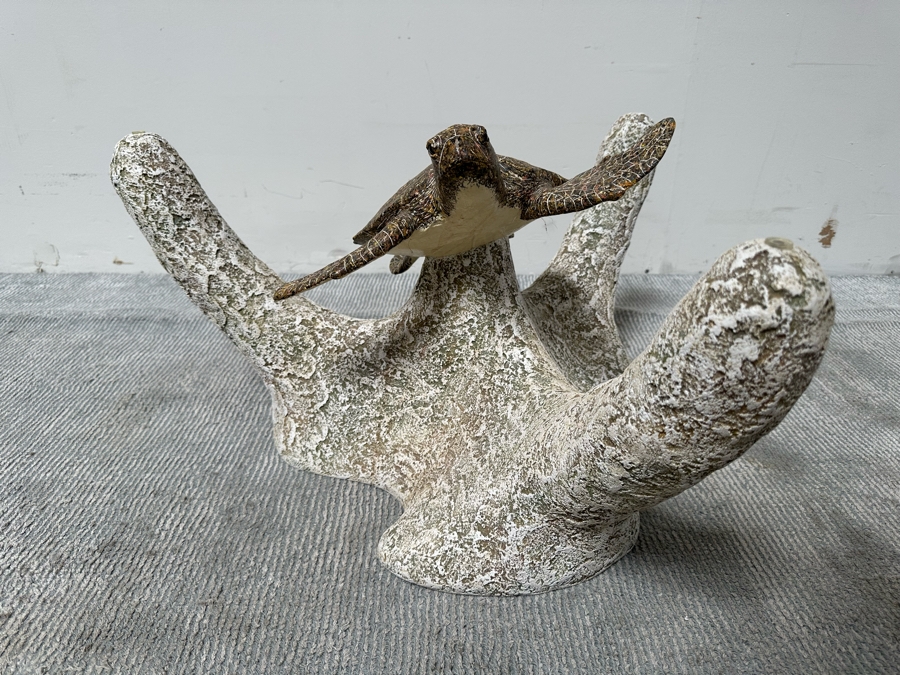 Stunning Signed John Didier Small Green Sea Turtle With Etched Rippled Glass Around Fins Coffee Table 46W X 46D X 15H Retails $2,150 [Photo 5]