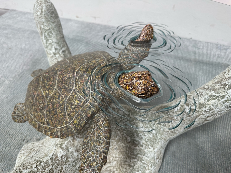 Stunning Signed John Didier Small Green Sea Turtle With Etched Rippled Glass Around Fins Coffee Table 46W X 46D X 15H Retails $2,150 [Photo 10]