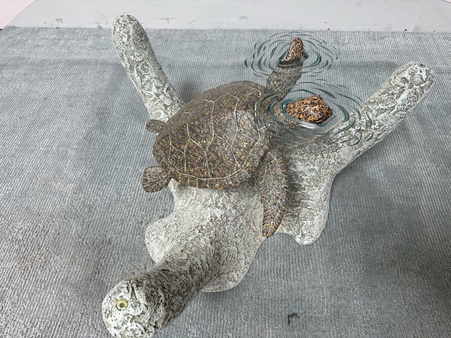 Stunning Signed John Didier Small Green Sea Turtle With Etched Rippled Glass Around Fins Coffee Table 46W X 46D X 15H Retails $2,150 [Photo 9]