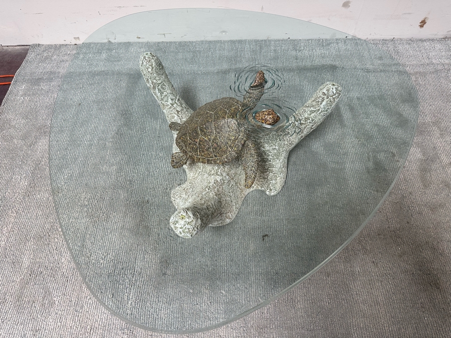 Stunning Signed John Didier Small Green Sea Turtle With Etched Rippled Glass Around Fins Coffee Table 46W X 46D X 15H Retails $2,150 [Photo 16]