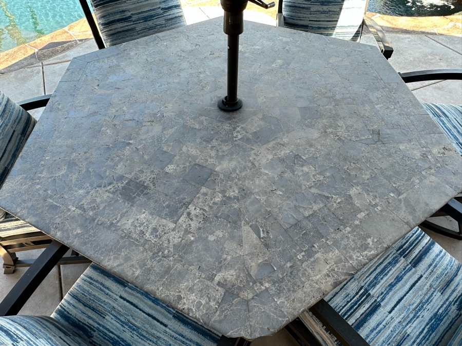 Six Outdoor Patio Chairs With Stone Top Table 5'W And Umbrella (Note Damage In Photos To One Corner Of Table) [Photo 7]