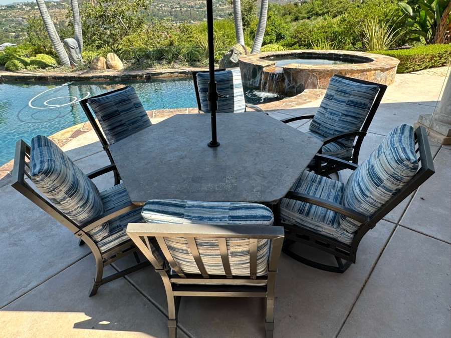 Six Outdoor Patio Chairs With Stone Top Table 5'W And Umbrella (Note Damage In Photos To One Corner Of Table) [Photo 11]