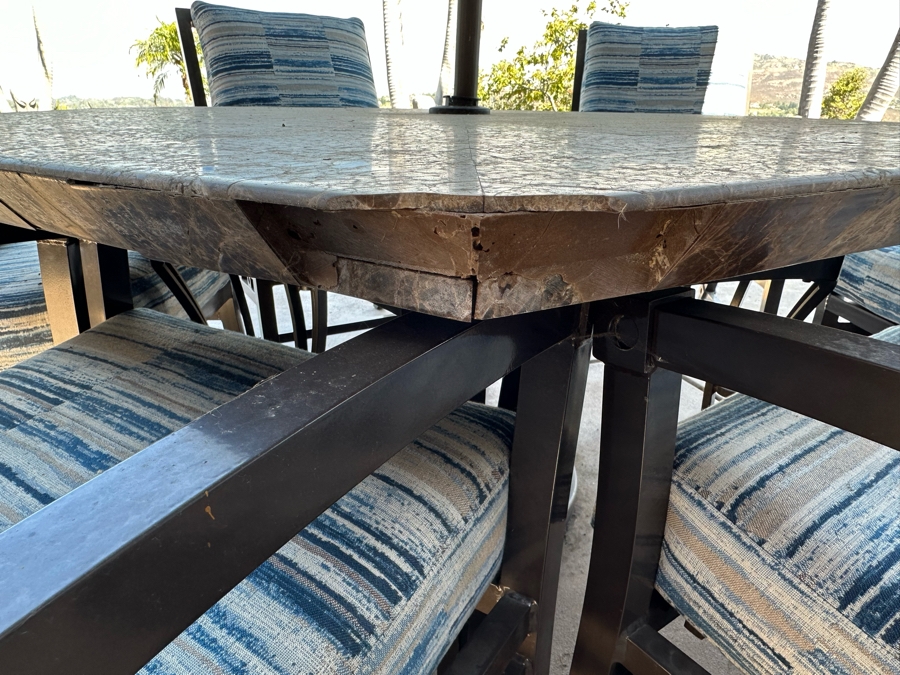 Six Outdoor Patio Chairs With Stone Top Table 5'W And Umbrella (Note Damage In Photos To One Corner Of Table) [Photo 6]