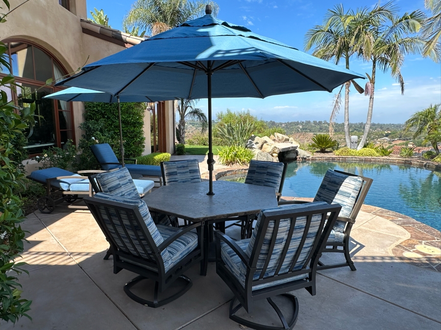 Six Outdoor Patio Chairs With Stone Top Table 5'W And Umbrella (Note Damage In Photos To One Corner Of Table)