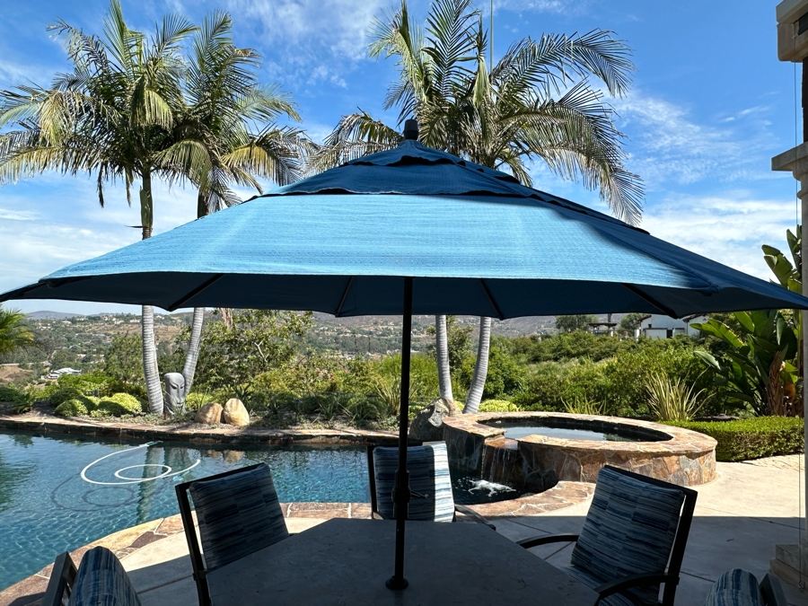 Six Outdoor Patio Chairs With Stone Top Table 5'W And Umbrella (Note Damage In Photos To One Corner Of Table) [Photo 9]