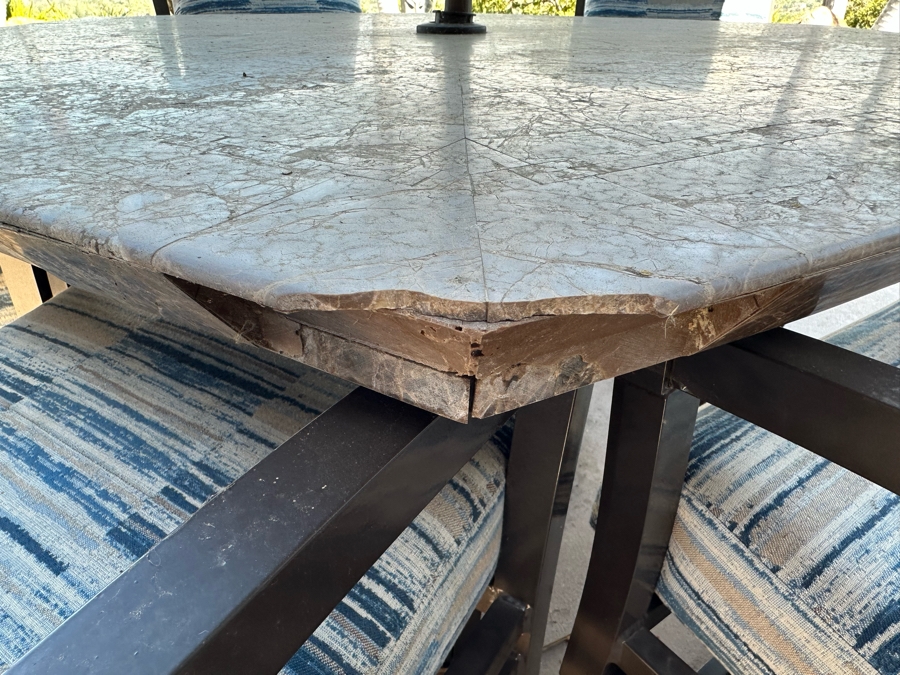 Six Outdoor Patio Chairs With Stone Top Table 5'W And Umbrella (Note Damage In Photos To One Corner Of Table) [Photo 5]