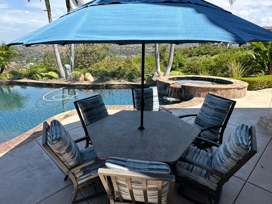 Six Outdoor Patio Chairs With Stone Top Table 5'W And Umbrella (Note Damage In Photos To One Corner Of Table) [Photo 10]