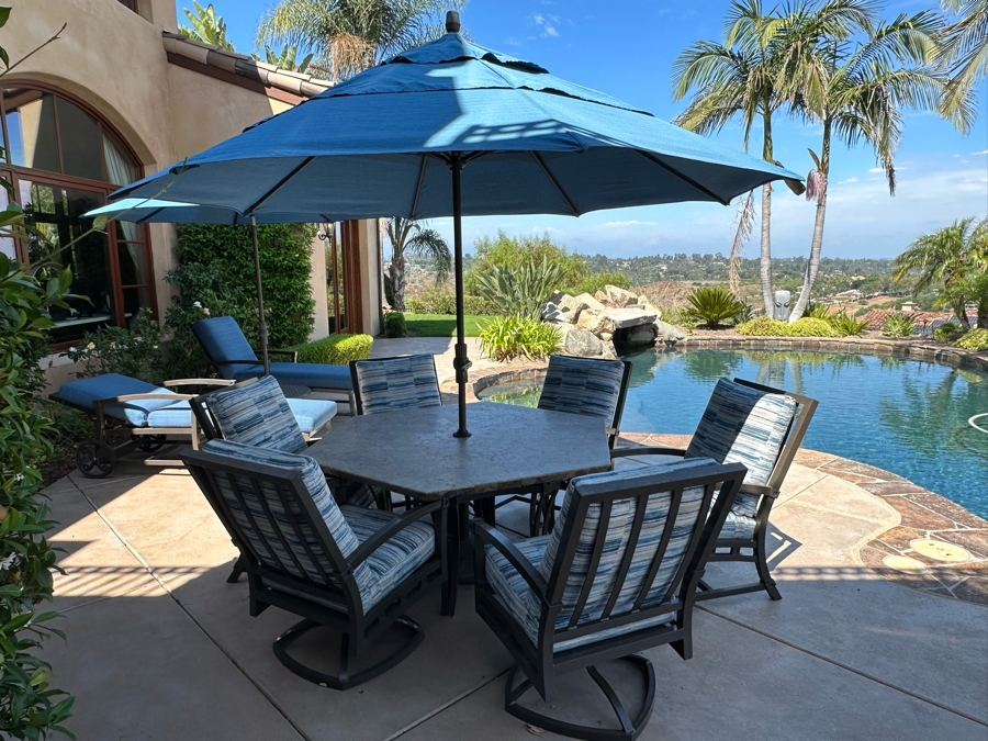 Six Outdoor Patio Chairs With Stone Top Table 5'W And Umbrella (Note Damage In Photos To One Corner Of Table) [Photo 2]