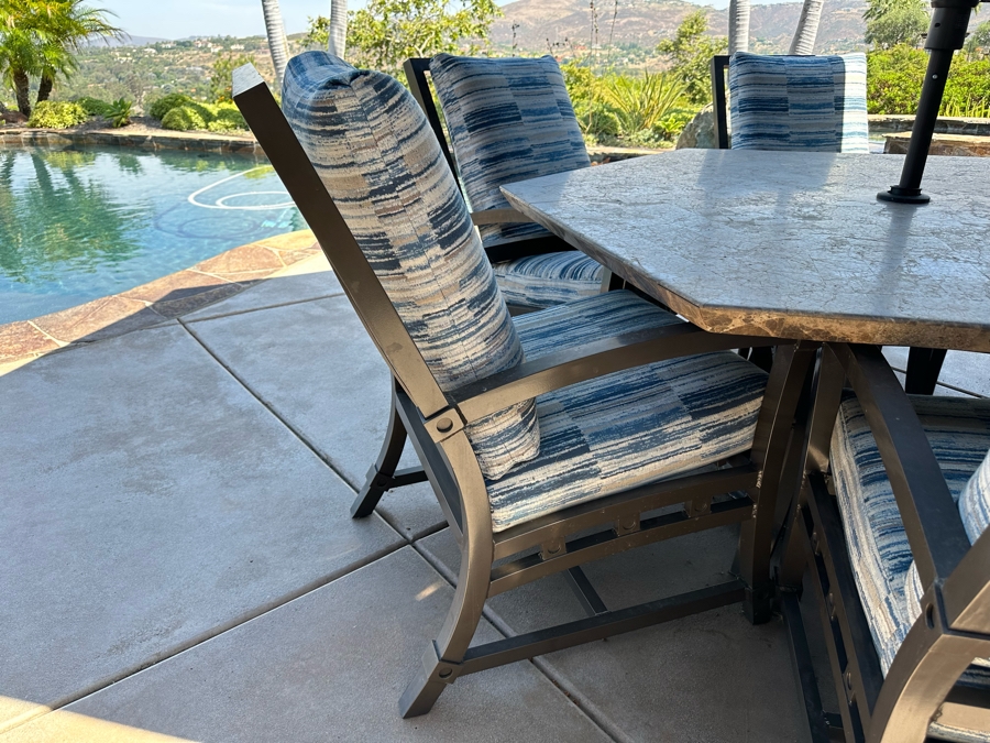 Six Outdoor Patio Chairs With Stone Top Table 5'W And Umbrella (Note Damage In Photos To One Corner Of Table) [Photo 13]